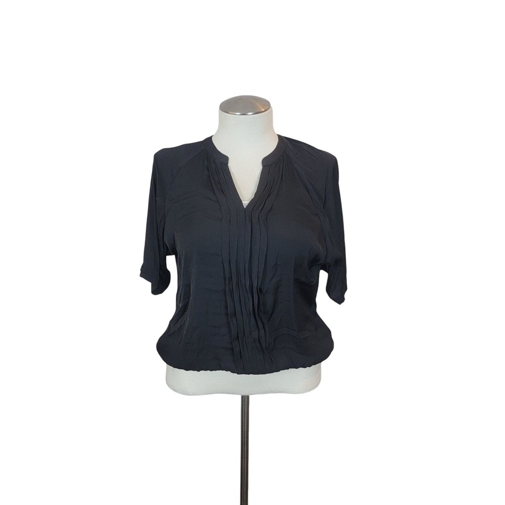 a.n.a A New Approach Black Pleated Bubble Hem Short Sleeve Blouse Petite L